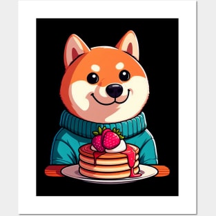 Shiba Inu Loves Strawberry Pancakes Posters and Art